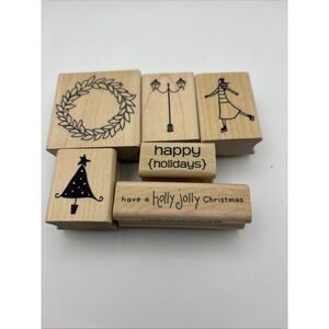 Lot of 6 Rubber Stamps Christmas Winter Berry Wreath A Muse Artstamps Skater
